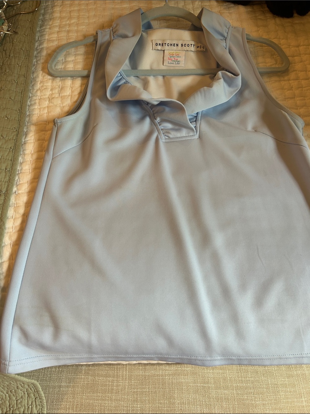 Gretchen Scott Designs Light Blue Sleeveless Ruffle Collar Top
